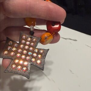 Artisan Coral Beaded Cross Necklace